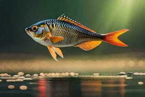 un' pesce è volante al di sopra di acqua con un' sole nel il sfondo. ai-generato foto