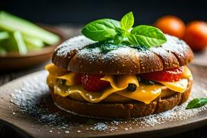 un' Hamburger con formaggio e pomodori su un' di legno piatto. ai-generato foto