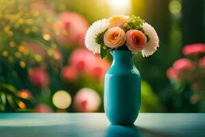 un' blu vaso con fiori su un' tavolo. ai-generato foto