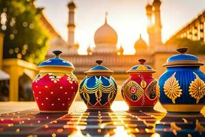 quattro colorato vasi siamo foderato su nel davanti di un' moschea. ai-generato foto