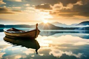 un' barca è galleggiante su il acqua a tramonto. ai-generato foto