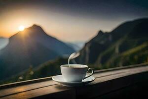 caffè tazza su il balcone, montagne, Alba, Alba, il montagne, il montagne,. ai-generato foto