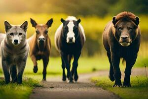 un' gruppo di cavalli a piedi giù un' strada. ai-generato foto