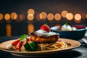 un' piatto di cibo con un' fragola su superiore. ai-generato foto