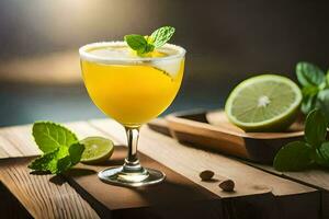 un' cocktail con lime e menta su un' di legno tavolo. ai-generato foto