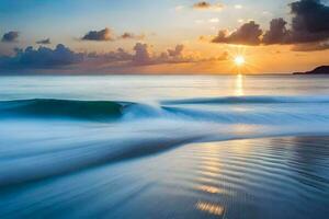 Alba, il oceano, onde, il spiaggia, il oceano, il sole, il orizzonte. ai-generato foto