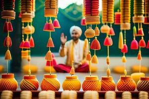 un' uomo nel un' tradizionale indiano attrezzatura è circondato di colorato sospeso decorazioni. ai-generato foto