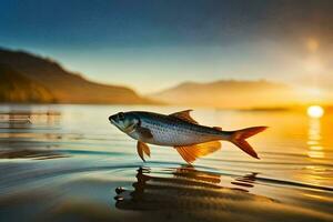 un' pesce è in piedi su il acqua a tramonto. ai-generato foto