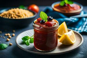 pomodoro salsa nel un' vaso con un' fetta di Limone e un' ciotola di fagioli. ai-generato foto