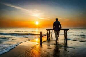 un' uomo in piedi su un' molo a tramonto. ai-generato foto