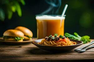 spaghetti e Polpette nel un' ciotola con un' bicchiere di succo. ai-generato foto