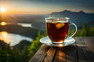 un' tazza di tè su un' di legno tavolo con un' Visualizza di il montagne. ai-generato foto