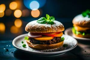 Due hamburger su un' piatto con un' leggero sfondo. ai-generato foto