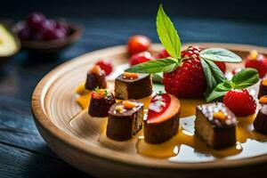 un' piatto di cibo con fragole, cioccolato e frutta. ai-generato foto