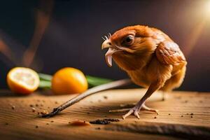 un' piccolo uccello con suo becco Aperto e un' Limone. ai-generato foto