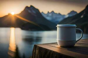 un' caffè tazza si siede su un' tavolo prospiciente un' lago e montagne. ai-generato foto