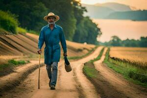 un vecchio uomo a piedi giù un' sporco strada con un' canna. ai-generato foto