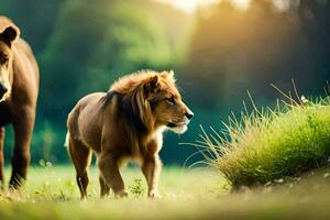 Due leoni a piedi nel il erba. ai-generato foto