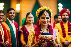 indiano nozze cerimonia con sposa e sposo. ai-generato foto