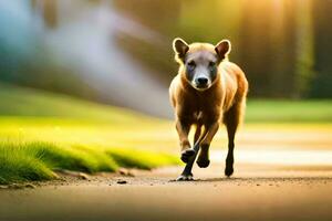 un' cane in esecuzione su un' strada nel il luce del sole. ai-generato foto