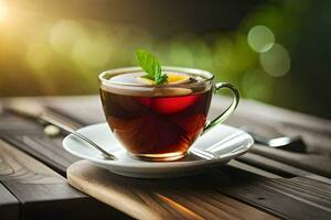un' tazza di tè con menta le foglie su un' di legno tavolo. ai-generato foto