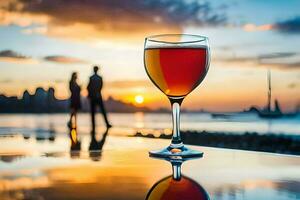 un' bicchiere di vino su un' tavolo con un' coppia nel il sfondo. ai-generato foto
