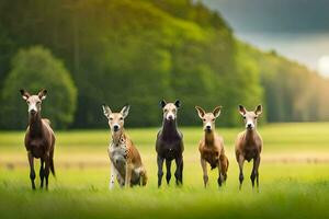 cinque cervo in piedi nel un' campo. ai-generato foto