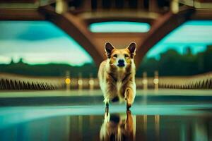 un' cane a piedi attraverso un' ponte nel davanti di un' ponte. ai-generato foto