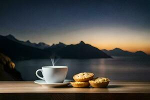 il caffè tazza e il muffin siamo su il tavolo nel davanti di il montagne. ai-generato foto