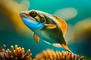 un' pesce nuoto nel il oceano con un anemone. ai-generato foto