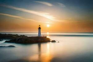 un' faro sta su il riva di il oceano a tramonto. ai-generato foto