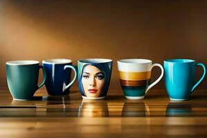cinque caffè tazze con diverso disegni su loro. ai-generato foto