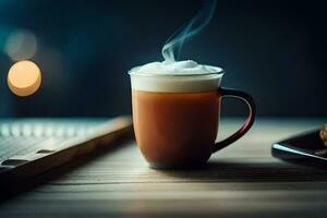 un' tazza di caffè su un' di legno tavolo. ai-generato foto