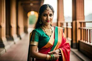un' bellissimo donna nel un' tradizionale sari. ai-generato foto