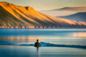 un' uomo seduta nel il acqua a tramonto. ai-generato foto