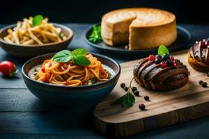 un' di legno taglio tavola con vario cibo Oggetti. ai-generato foto