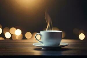 un' tazza di caffè su un' tavolo con bokeh luci. ai-generato foto