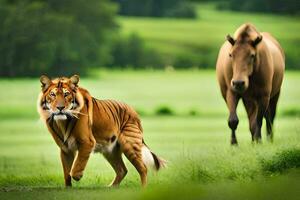 un' tigre e un' cavallo nel un' campo. ai-generato foto