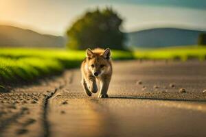 un' piccolo cane a piedi su un' strada a tramonto. ai-generato foto