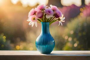 un' blu vaso con rosa fiori su un' tavolo. ai-generato foto