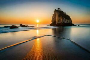 il sole imposta al di sopra di il oceano a il spiaggia. ai-generato foto