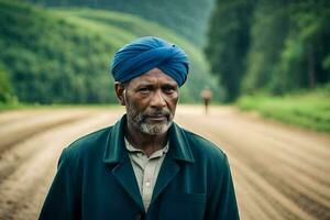 un vecchio uomo indossare un' turbante sta su un' sporco strada. ai-generato foto