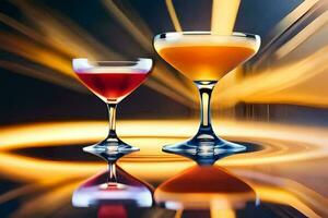 Due bicchieri di cocktail su un' riflessivo superficie. ai-generato foto