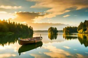 un' barca su un' lago a tramonto. ai-generato foto