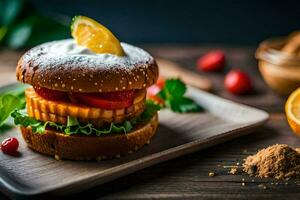 un' Hamburger con un' fragola e arancia fetta su superiore. ai-generato foto