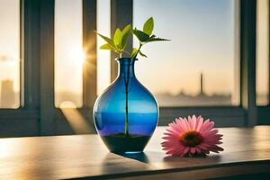 un' blu vaso con un' rosa fiore su un' tavolo nel davanti di un' finestra. ai-generato foto