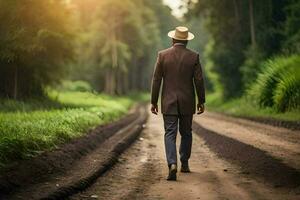 un' uomo nel un' completo da uomo e cappello a piedi giù un' sporco strada. ai-generato foto