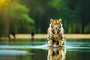 un' tigre in piedi nel il acqua con suo indietro per il telecamera. ai-generato foto