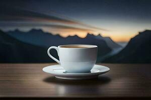 caffè tazza su un' tavolo con montagne nel il sfondo. ai-generato foto