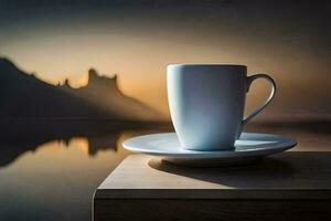 un' tazza di caffè su un' tavolo nel davanti di un' lago. ai-generato foto